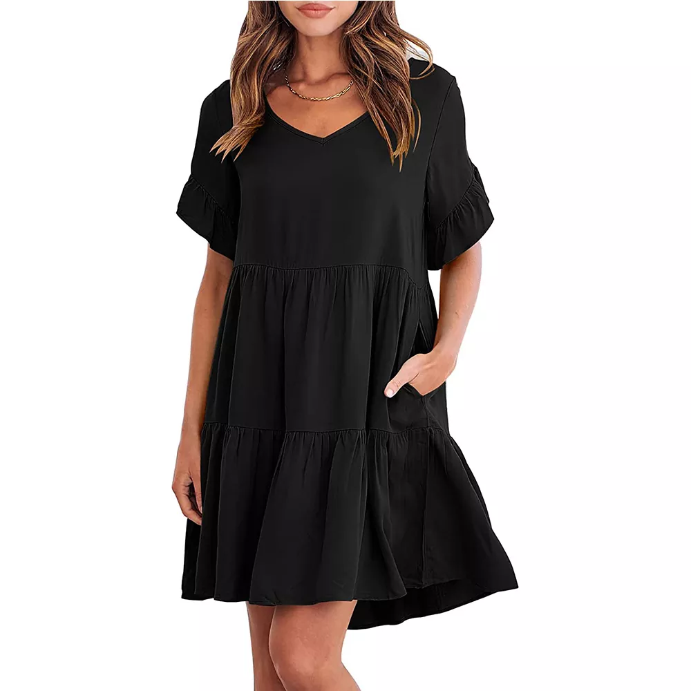 Mini-robe décontractée à col en V et manches en dentelle à volants