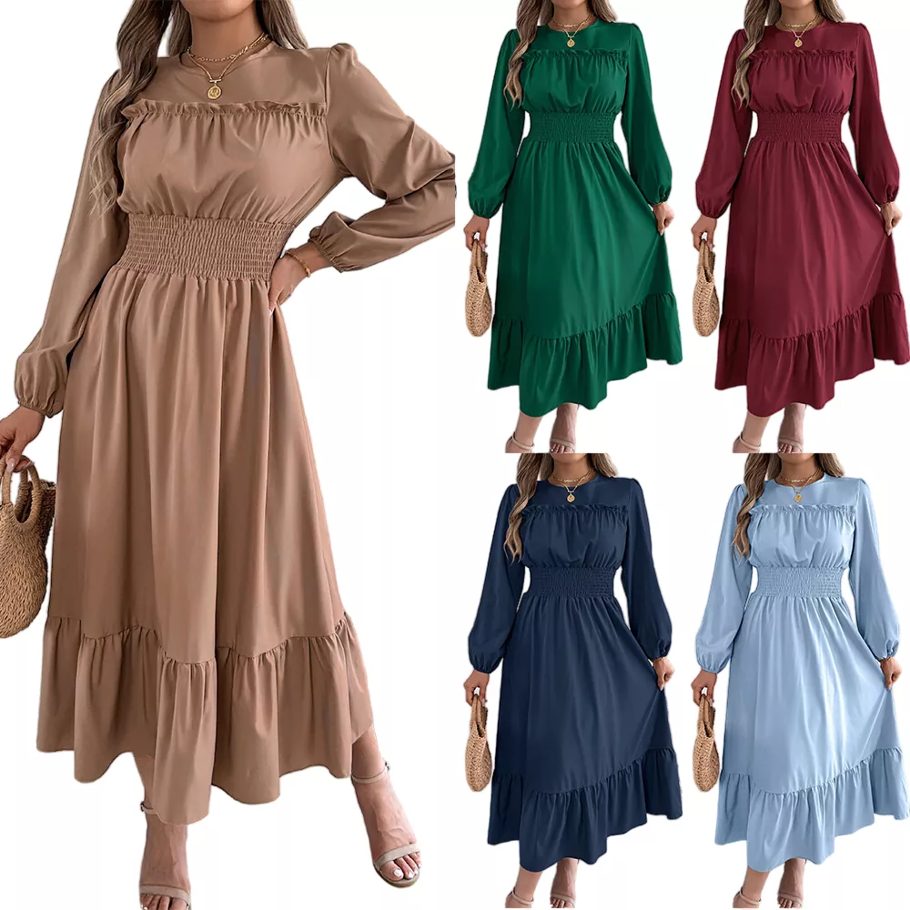 Robe longue plissée élégante nouée à la taille avec ourlet à volants