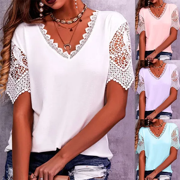 Summer Patchwork Lace V-neck Women's T-shirt