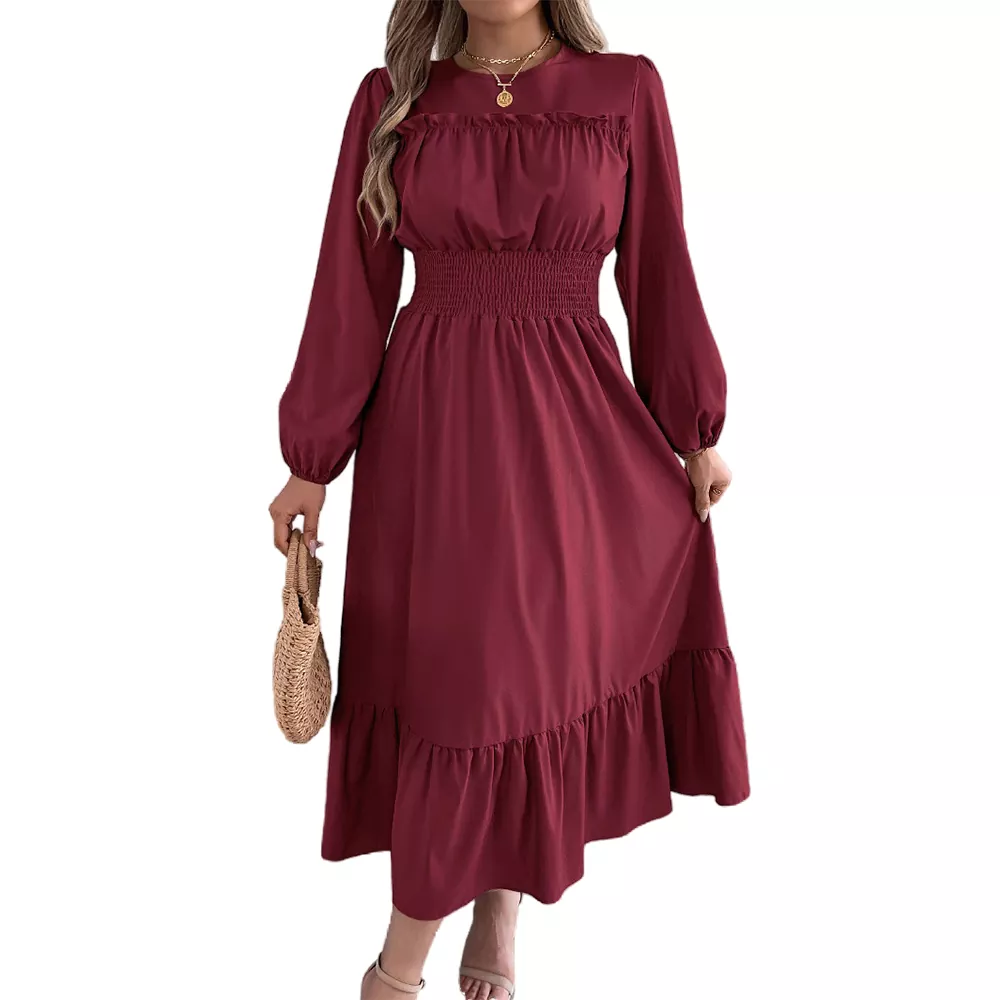 Elegant Ruffle Hem Waist-Tied Pleated Maxi Dress