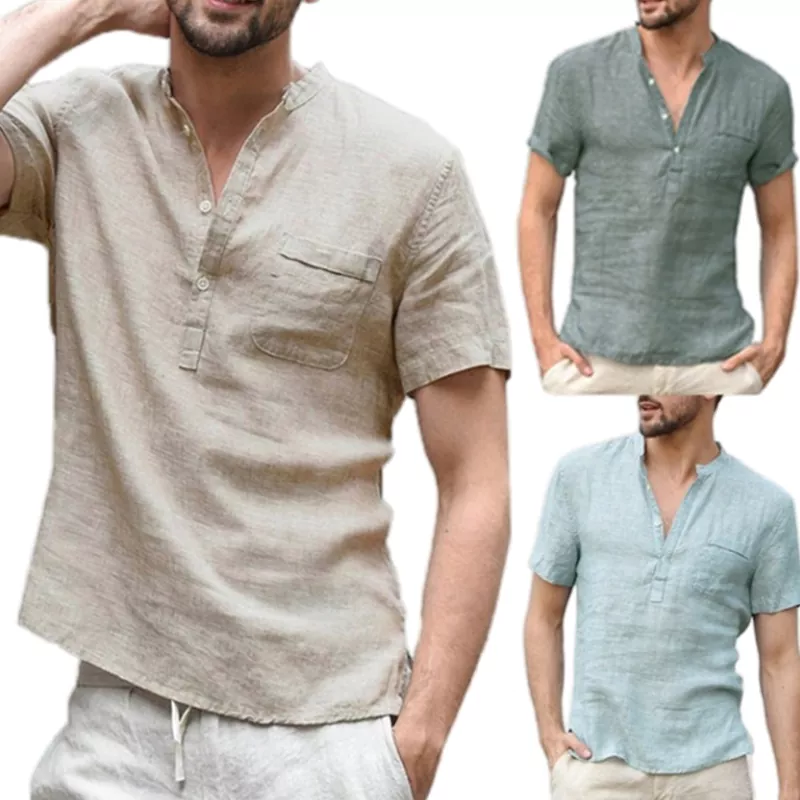 Chemise à manches courtes et col montant uni pour hommes