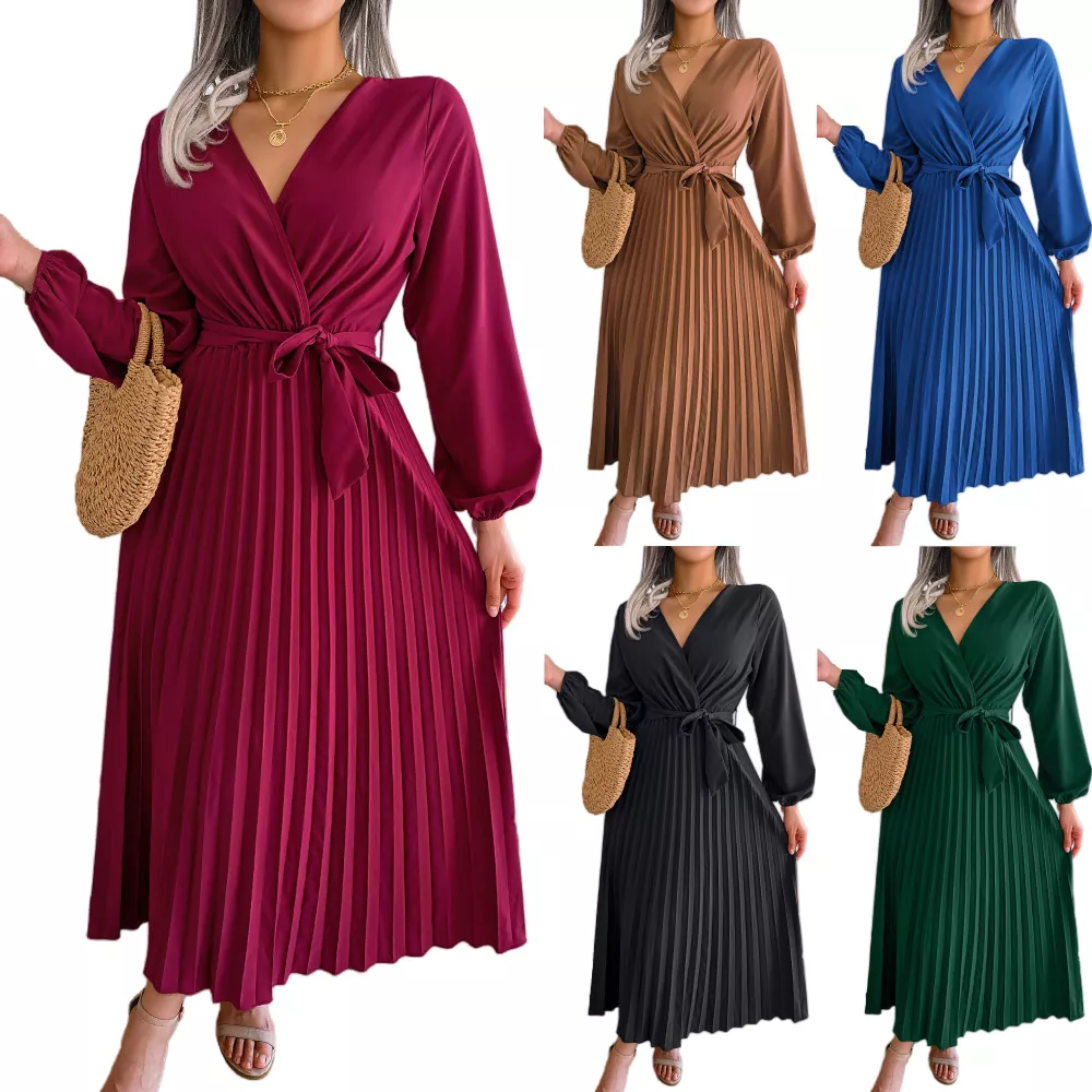 Robe longue à col en V et ourlet plissé