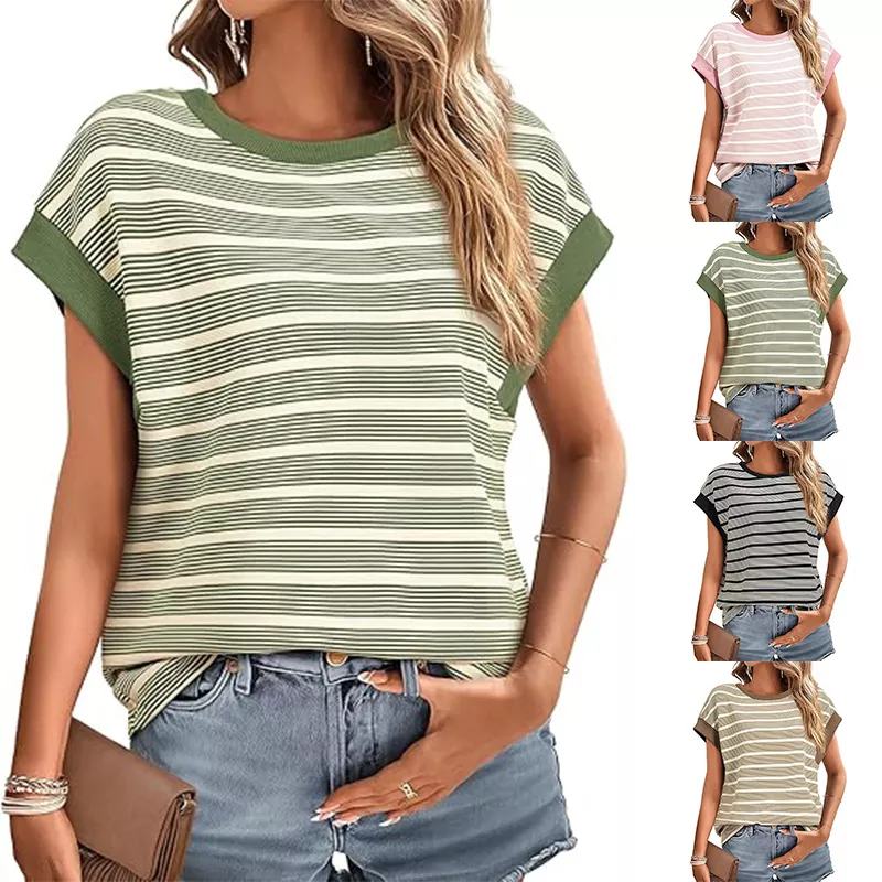 T-shirt d'été ample tricoté à rayures et col rond pour femme